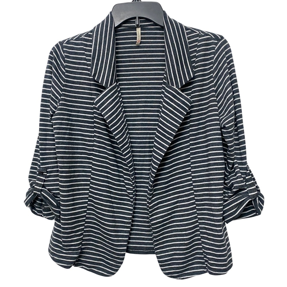 Olivia‎ Moon Striped Knit Blazer Women's Small Gray White 3/4 Sleeve Office Work